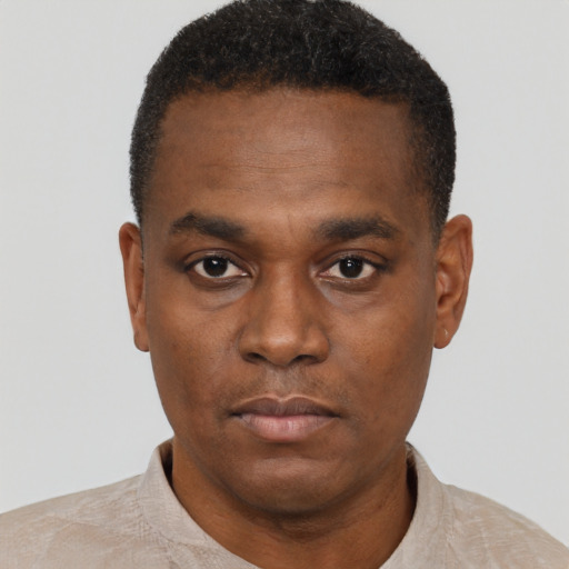 Neutral black young-adult male with short  black hair and brown eyes