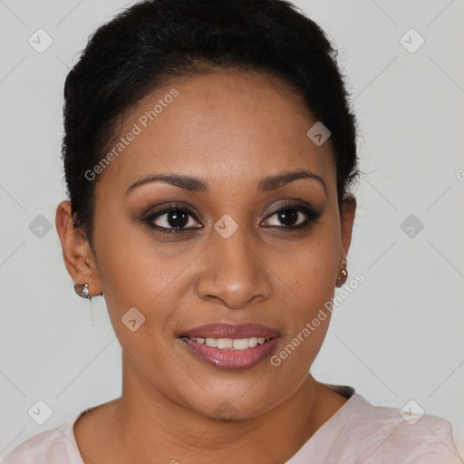 Joyful latino young-adult female with short  brown hair and brown eyes