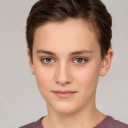 Neutral white young-adult female with short  brown hair and brown eyes