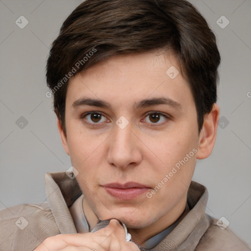 Neutral white young-adult male with short  brown hair and brown eyes