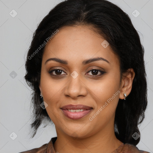 Joyful latino young-adult female with medium  brown hair and brown eyes