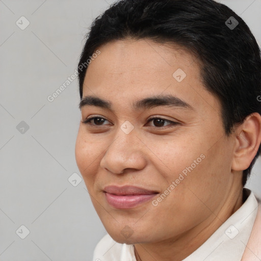 Joyful white young-adult female with short  brown hair and brown eyes