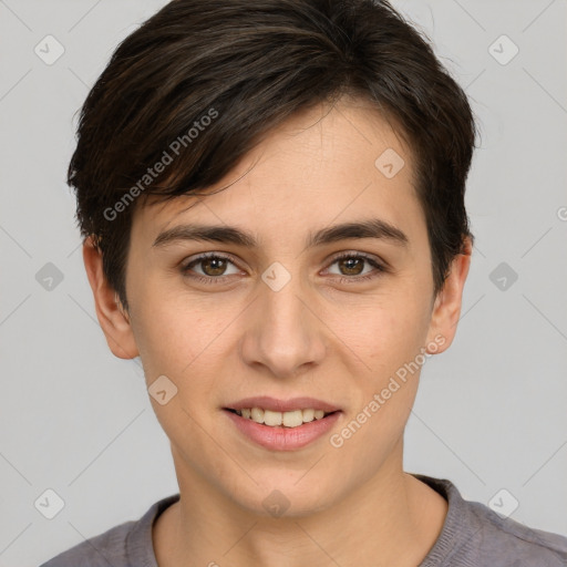 Joyful white young-adult female with short  brown hair and brown eyes