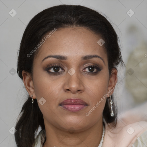 Joyful latino young-adult female with medium  brown hair and brown eyes