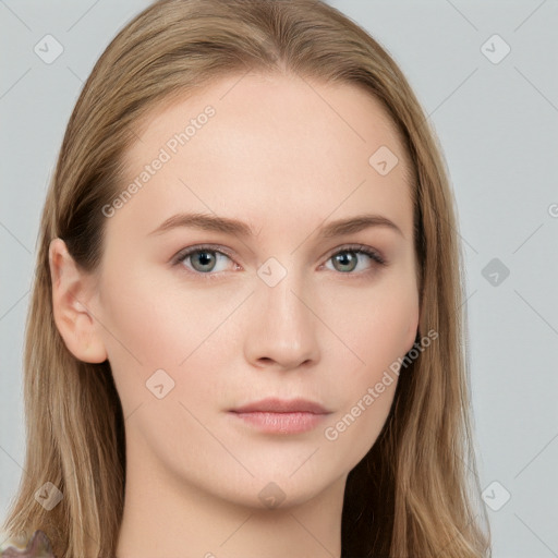 Neutral white young-adult female with long  brown hair and grey eyes