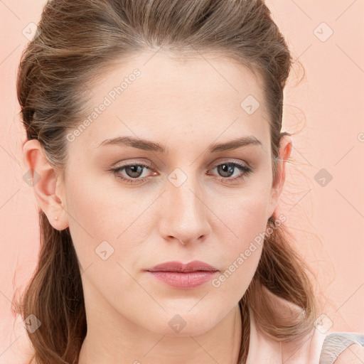 Neutral white young-adult female with medium  brown hair and grey eyes