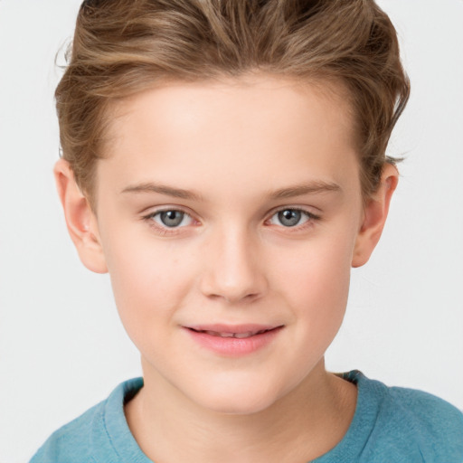 Joyful white child female with short  brown hair and grey eyes