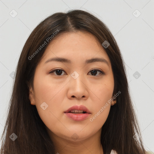 Neutral white young-adult female with long  brown hair and brown eyes