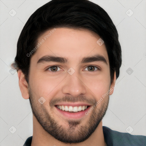 Joyful white young-adult male with short  black hair and brown eyes