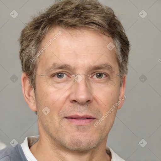 Joyful white adult male with short  brown hair and grey eyes
