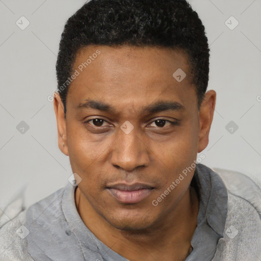 Joyful black young-adult male with short  black hair and brown eyes
