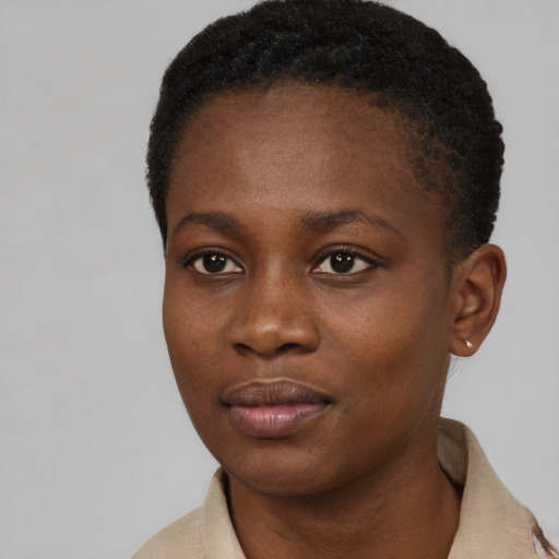 Neutral black young-adult female with short  black hair and brown eyes