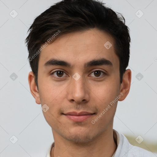 Neutral white young-adult male with short  brown hair and brown eyes