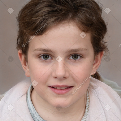 Joyful white child female with medium  brown hair and brown eyes