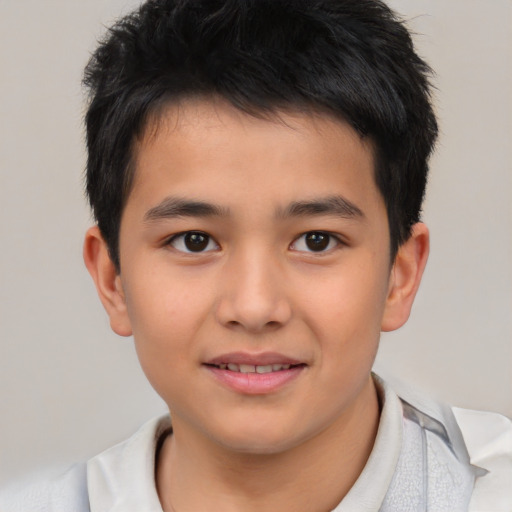 Joyful asian child male with short  brown hair and brown eyes