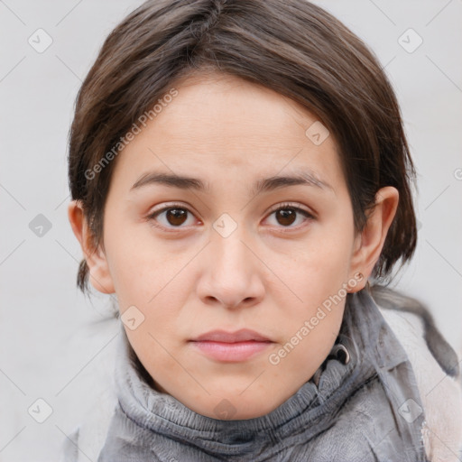 Neutral white young-adult female with medium  brown hair and brown eyes