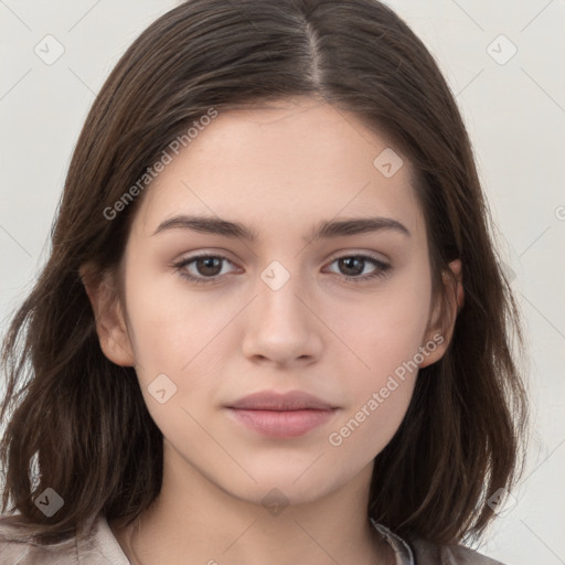 Neutral white young-adult female with medium  brown hair and brown eyes