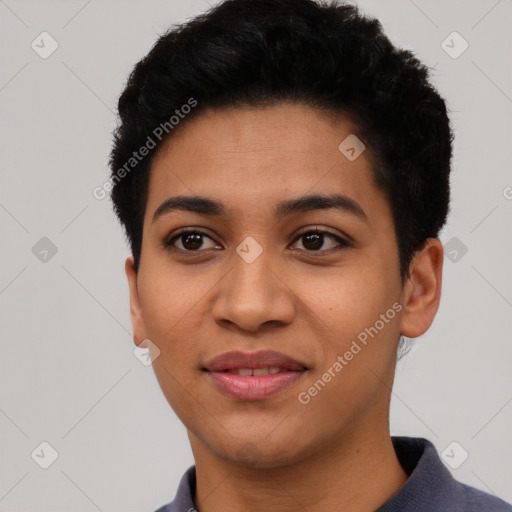 Joyful latino young-adult female with short  black hair and brown eyes