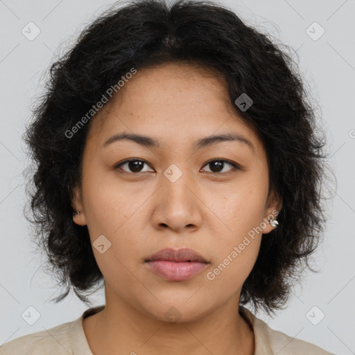 Neutral asian young-adult female with medium  brown hair and brown eyes