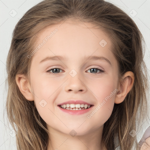 Joyful white child female with long  brown hair and brown eyes