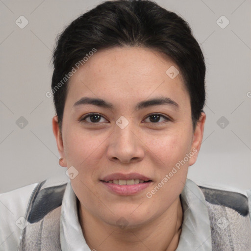 Joyful asian young-adult female with short  brown hair and brown eyes