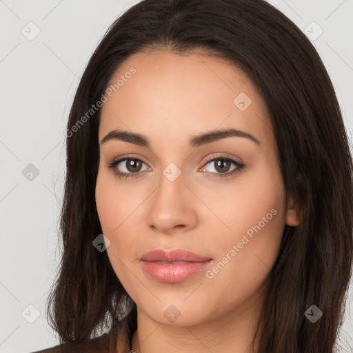 Neutral white young-adult female with long  brown hair and brown eyes