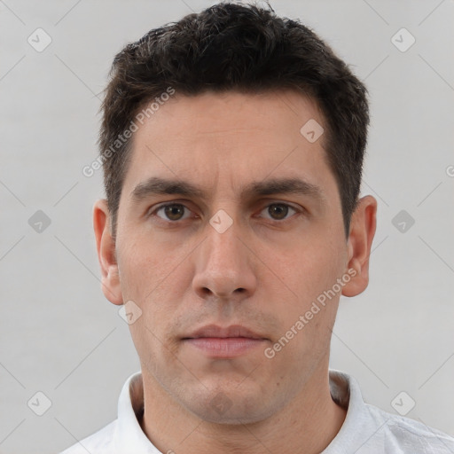 Neutral white adult male with short  brown hair and brown eyes