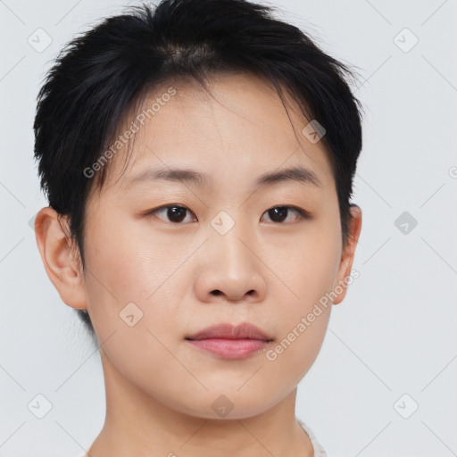 Neutral asian young-adult female with short  brown hair and brown eyes