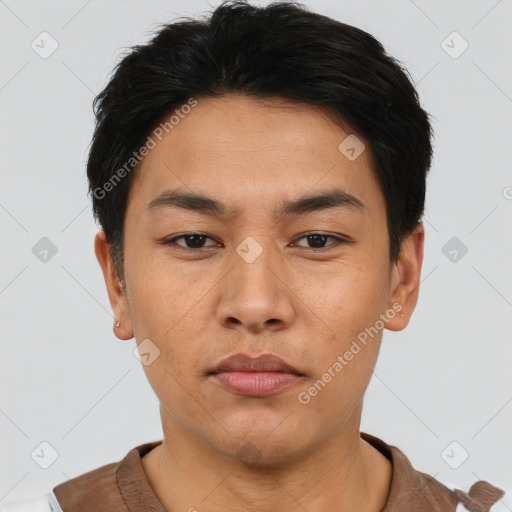 Neutral asian young-adult male with short  black hair and brown eyes