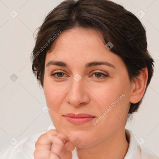 Joyful white young-adult female with medium  brown hair and brown eyes