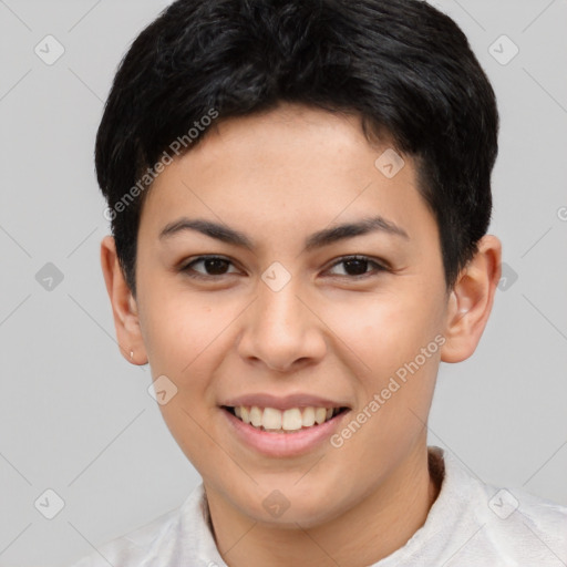 Joyful white young-adult female with short  brown hair and brown eyes