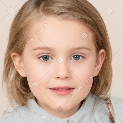 Joyful white child female with medium  brown hair and blue eyes