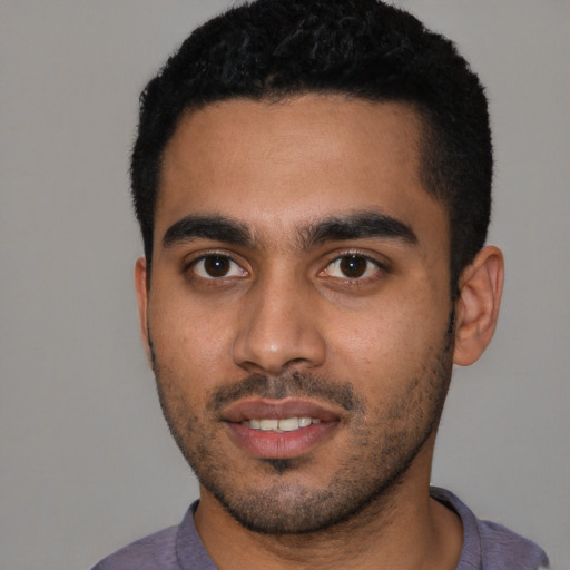 Neutral latino young-adult male with short  black hair and brown eyes
