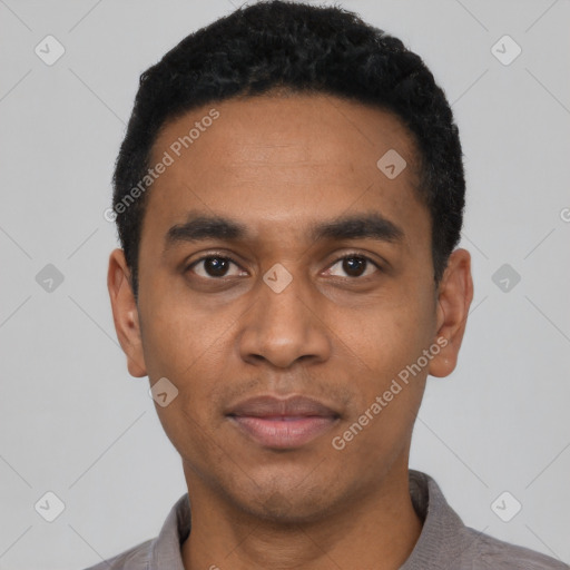 Neutral black young-adult male with short  black hair and brown eyes