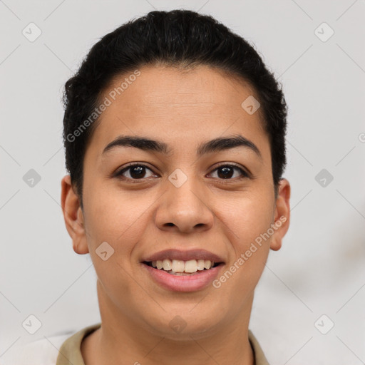 Joyful latino young-adult female with short  brown hair and brown eyes