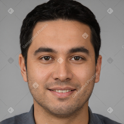 Joyful white young-adult male with short  brown hair and brown eyes