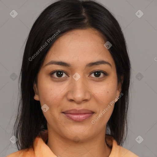 Joyful asian young-adult female with medium  brown hair and brown eyes