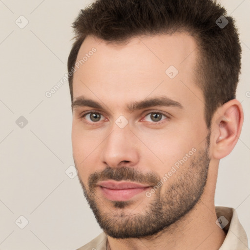 Neutral white young-adult male with short  brown hair and brown eyes