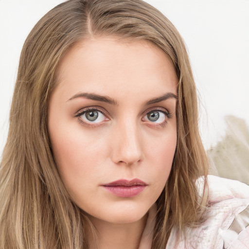 Neutral white young-adult female with long  brown hair and green eyes