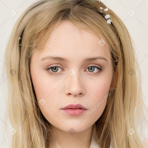 Neutral white young-adult female with long  brown hair and brown eyes