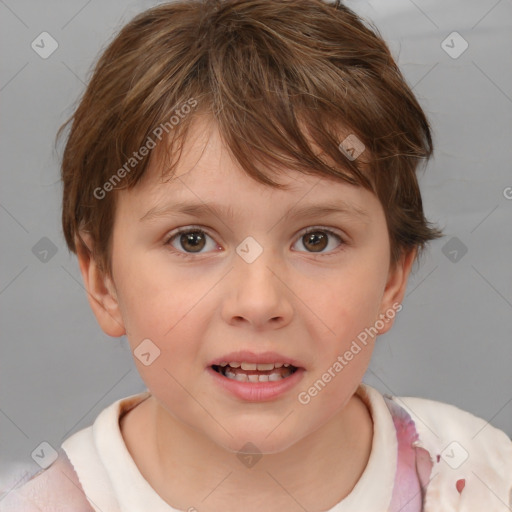 Joyful white child female with medium  brown hair and brown eyes