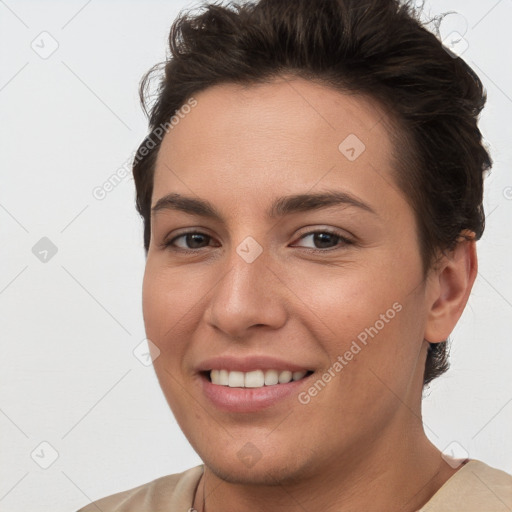 Joyful white young-adult female with short  brown hair and brown eyes