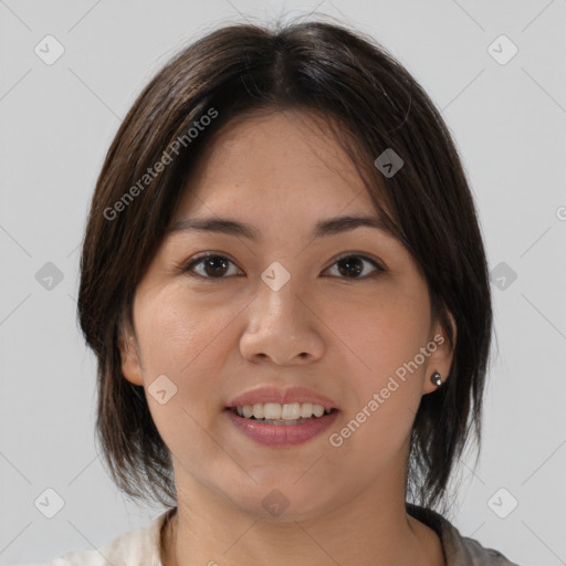 Joyful white young-adult female with medium  brown hair and brown eyes