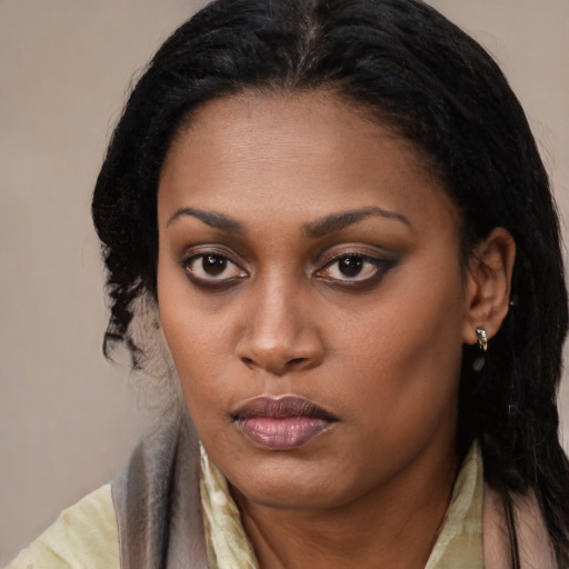 Neutral black young-adult female with long  black hair and brown eyes