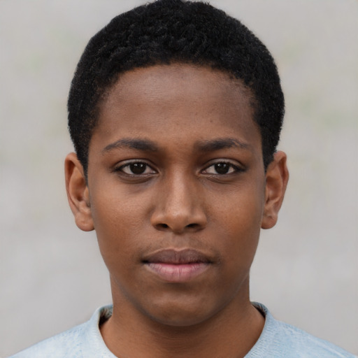 Neutral black young-adult female with short  black hair and brown eyes