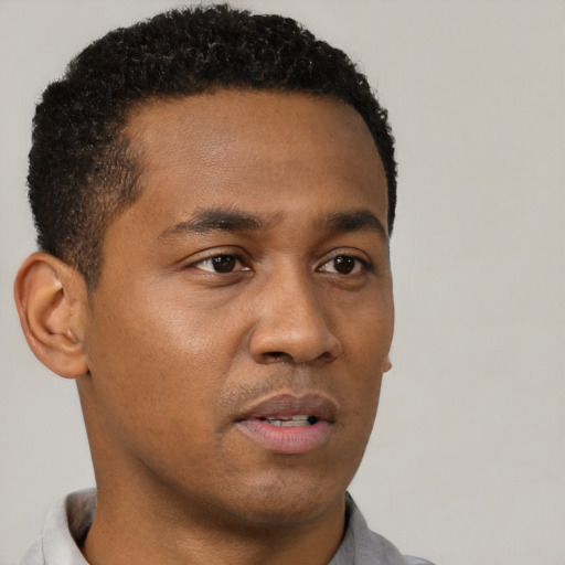 Neutral black young-adult male with short  brown hair and brown eyes