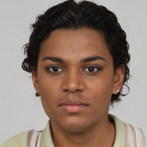 Neutral black young-adult female with short  brown hair and brown eyes