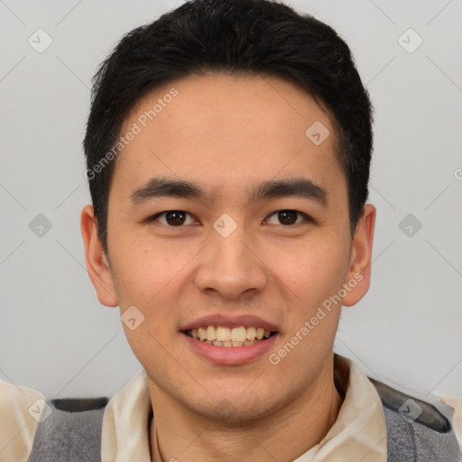 Joyful white young-adult male with short  black hair and brown eyes