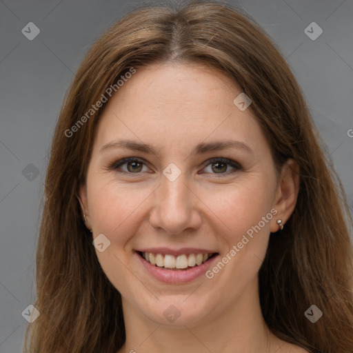 Joyful white young-adult female with long  brown hair and grey eyes