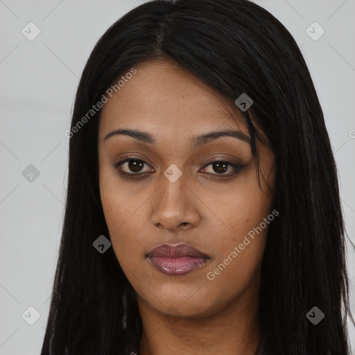 Neutral asian young-adult female with long  black hair and brown eyes